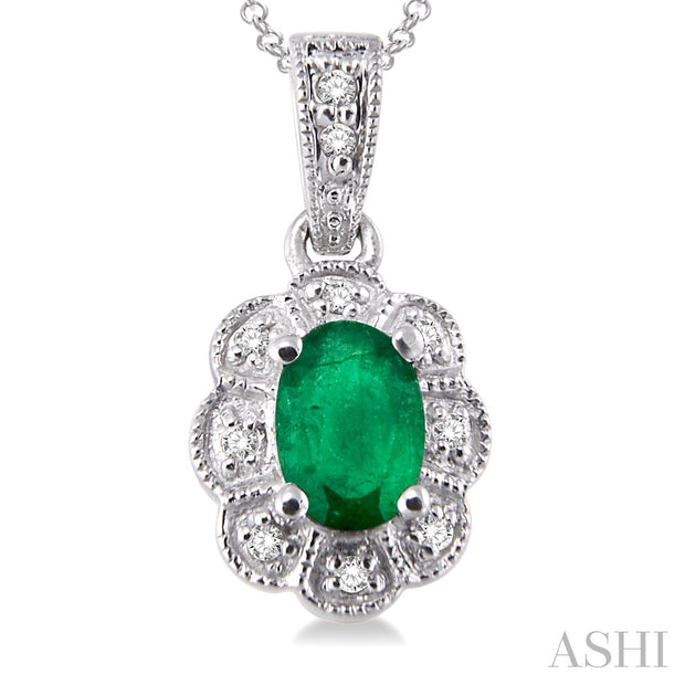 Lady's Sterling Silver Emerald & Diamond Necklace - Van Drake Jewelers