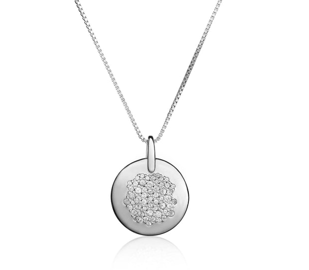 Lady's Sterling Silver White Sapphire Pave Disc Ne - Van Drake Jewelers