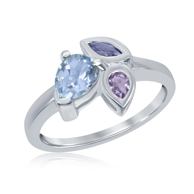 Lady's Sterling Silver Blue Topaz, Rhodolite & Iol