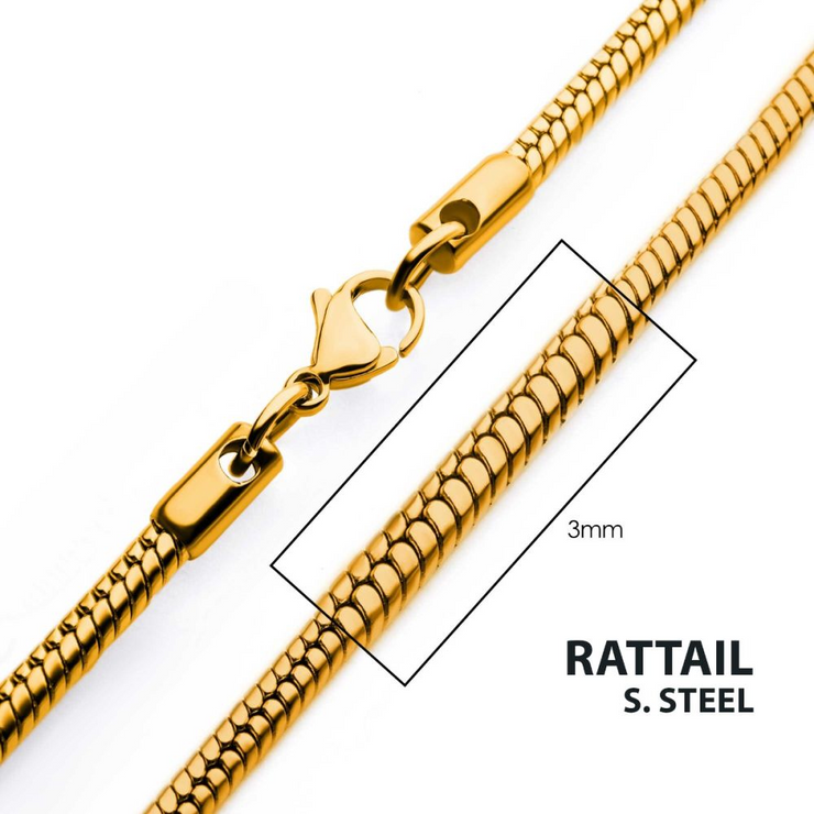Stainless Steel 3mm 18Kt Gold IP Rattail Chain 24"