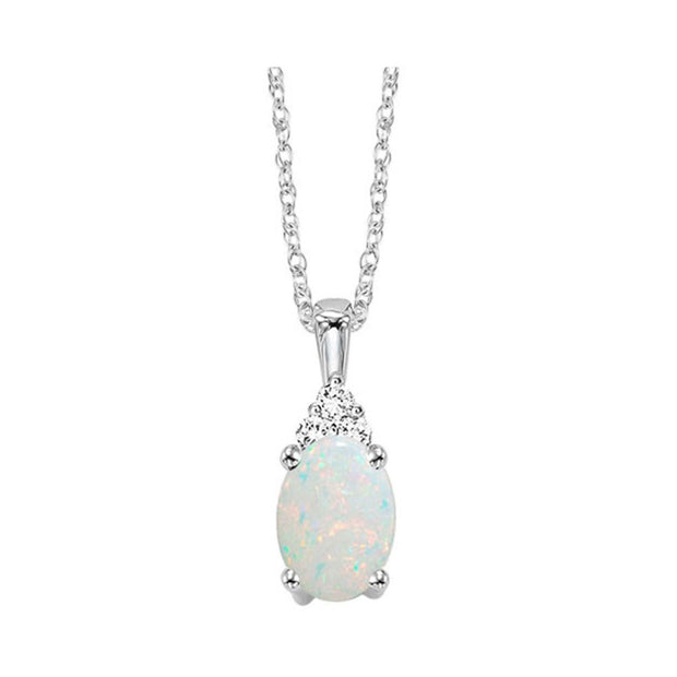 Lady's White 10 Karat Opal & Diamond Necklace With