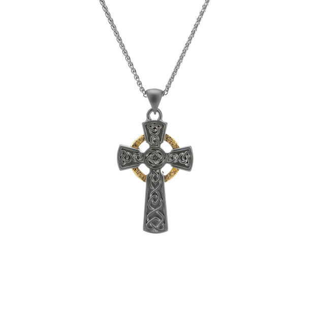 Sterling Ruthenium & 10K Cz Small Circle Cross Necklace