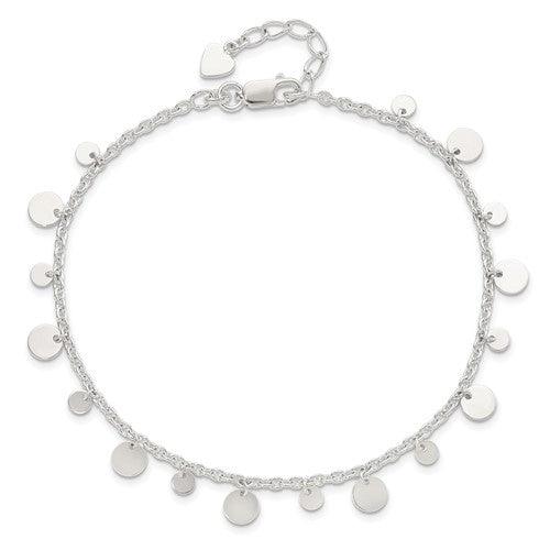 Sterling Silver Dangling Circle Anklet With 1" Ext