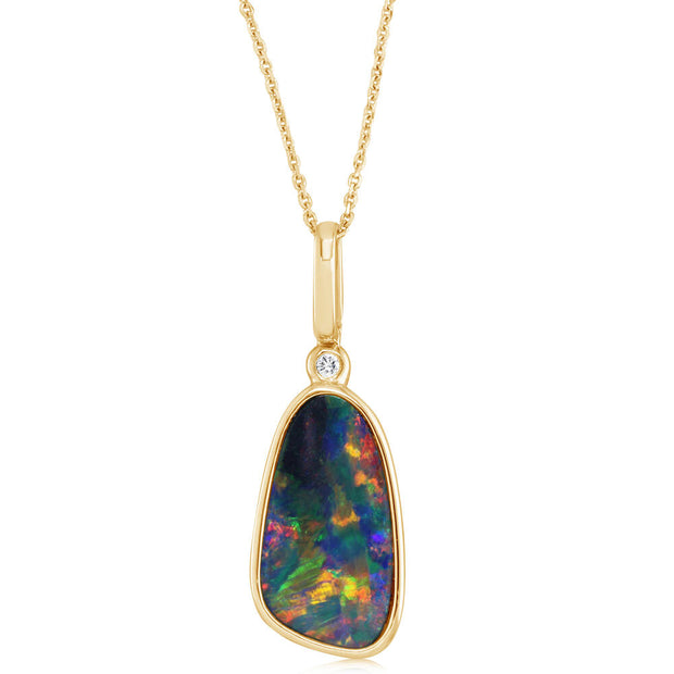 Yellow 14 Karat Australian Opal Doublet & Diamond