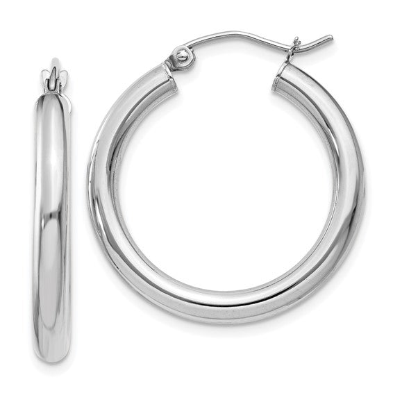 White 14 Karat 3Mm X 25Mm Tube Hoop Earrings - Van Drake Jewelers