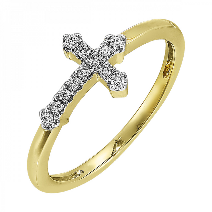 Lady's Yellow 14 Karat Cross Ring With 12 =  0.10T