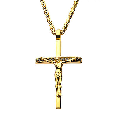 Yellow Stainless Steel Gold Plated With Black Cz J