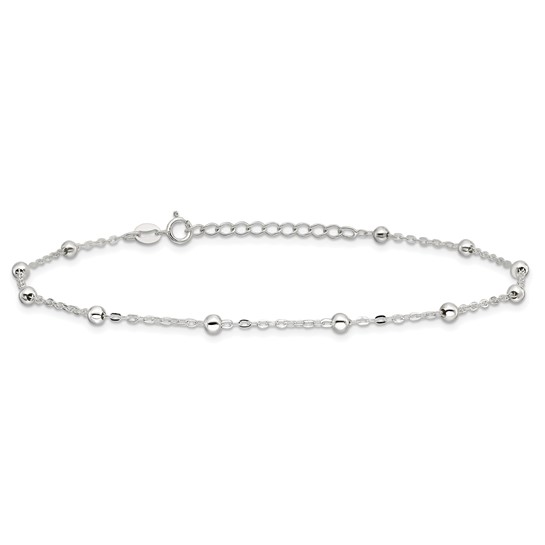Sterling Silver 1Mm Beaded Chain Anklet 9"