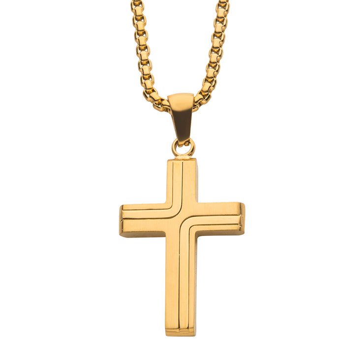 Gent's Yellow Stainless Steel 18K Gold Ip Cross Dr