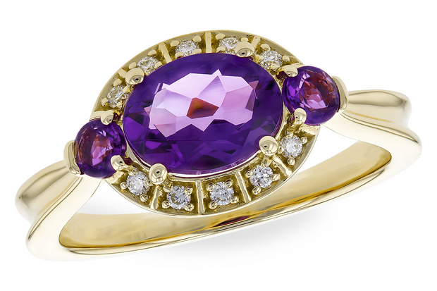 Yellow 14 Karat Amethyst & Diamond Ring With One =