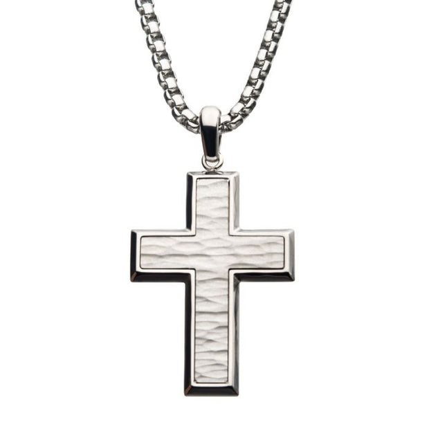 Matte Stainless Steel Hammered Design Cross Pendan