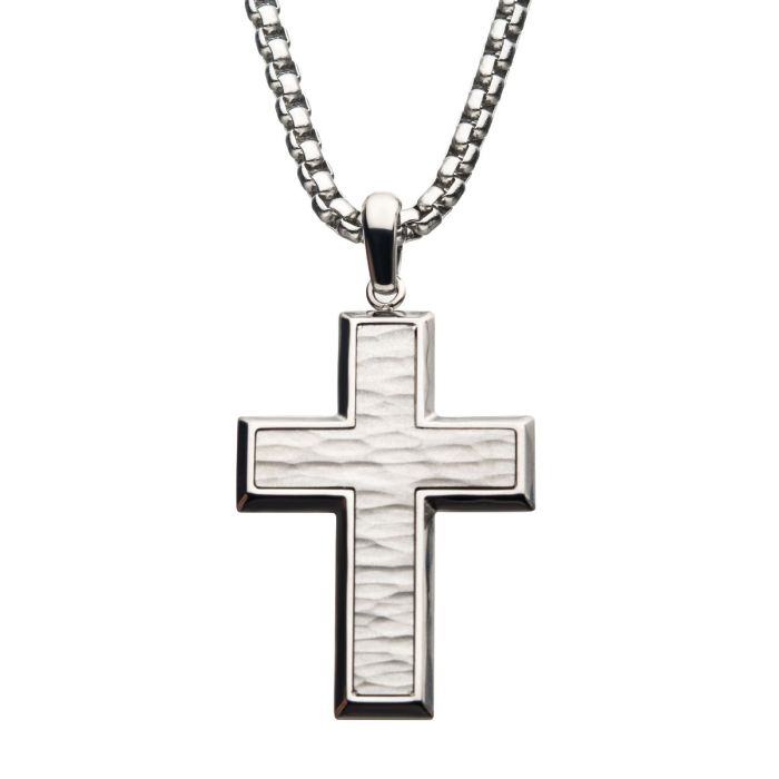 Matte Stainless Steel Hammered Design Cross Pendan