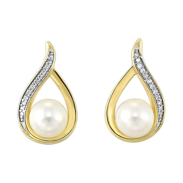 Lady's Yellow 14 Karat Pearl & Diamond Earrings Wi