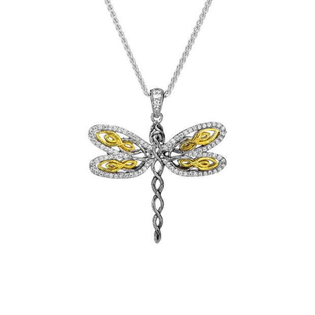 Sterling Silver/10K Dragonfly Pendant-Cubic Zircon