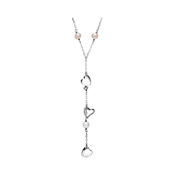 Lady's Sterling Silver Pearl &Heart "Y" Necklace