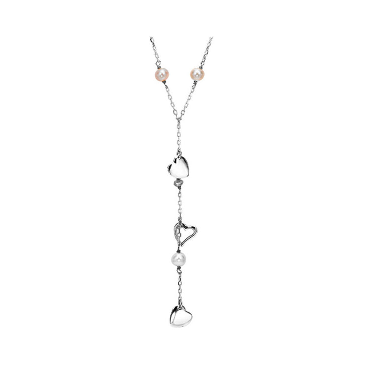 Lady's Sterling Silver Pearl &Heart "Y" Necklace
