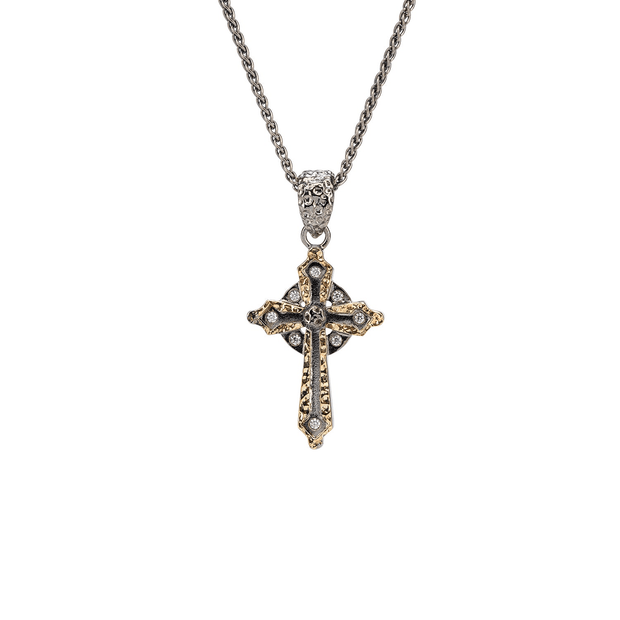 Sterling Ruthenium & 10K Cz Small Circle Cross Neclace