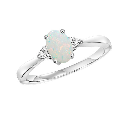 Lady's White 10 Karat Opal & Diamond Ring With One